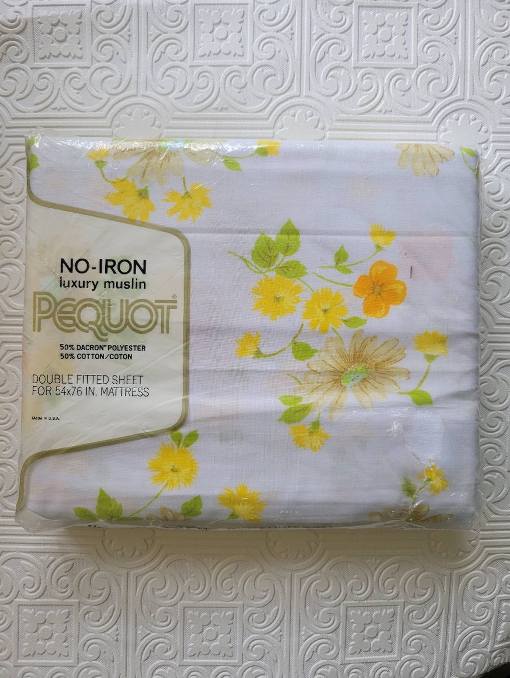 Vintage Pequot Luxury Muslin Double Fitted Sheet Floral Dead Stock Mountain Mist